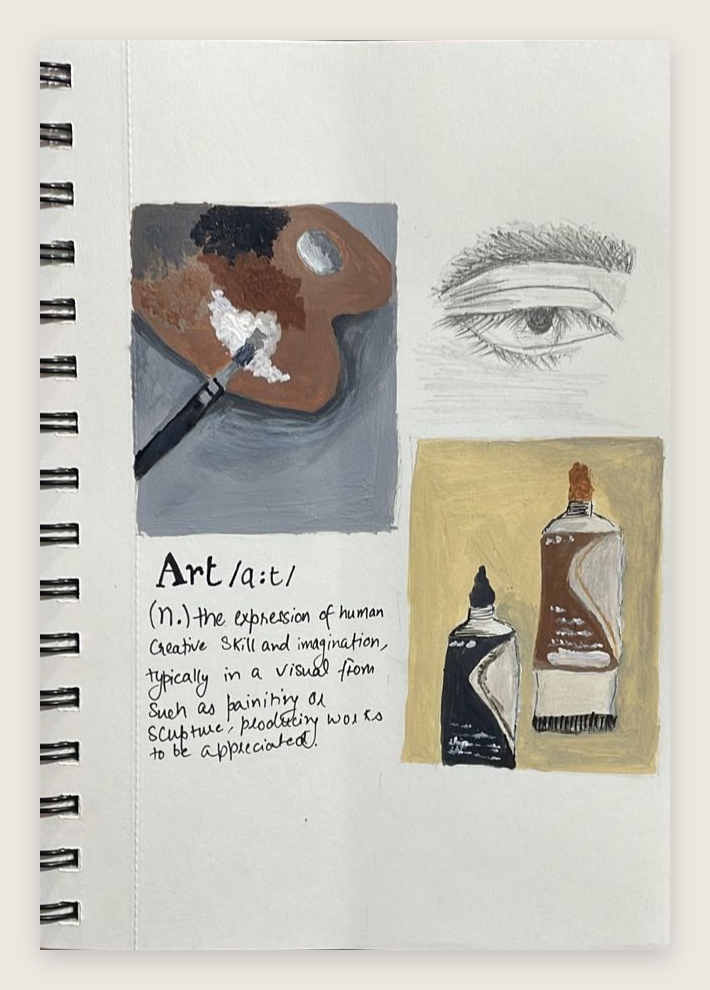 A sketchbook page with a painted palette, paint tubes, a pencil eye and a handwritten definition of art