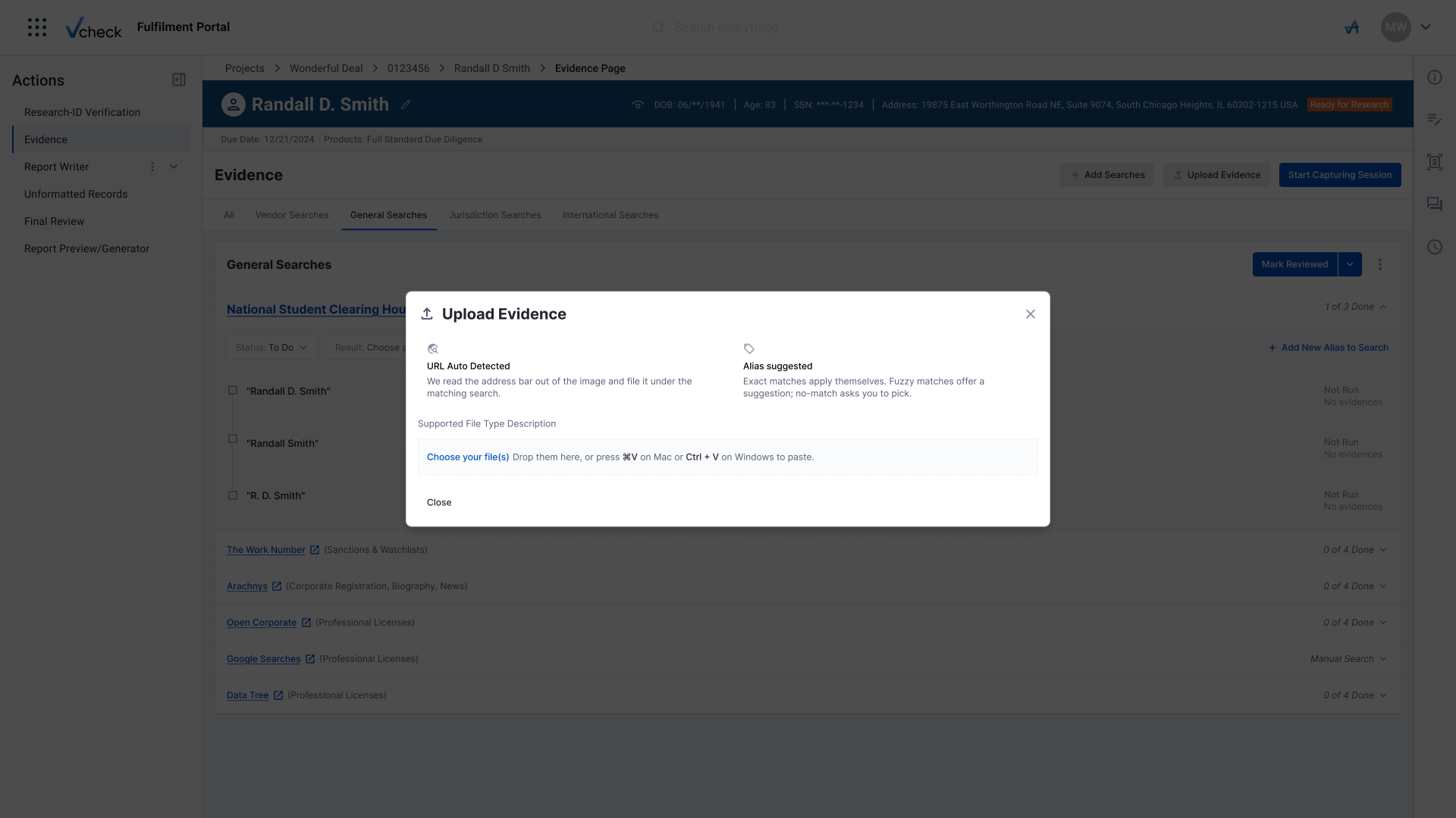 Upload Evidence modal, drop files empty state