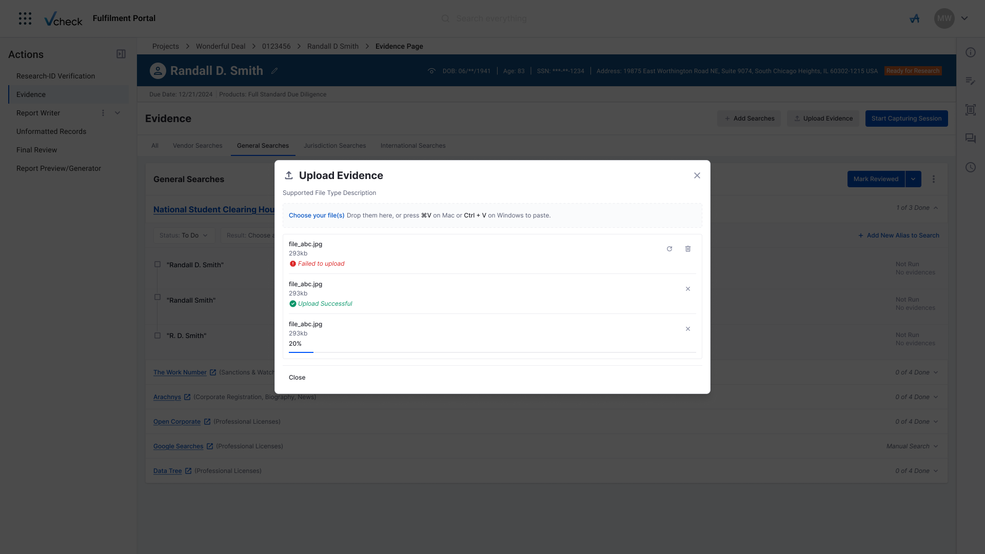 Upload Evidence modal, files uploading