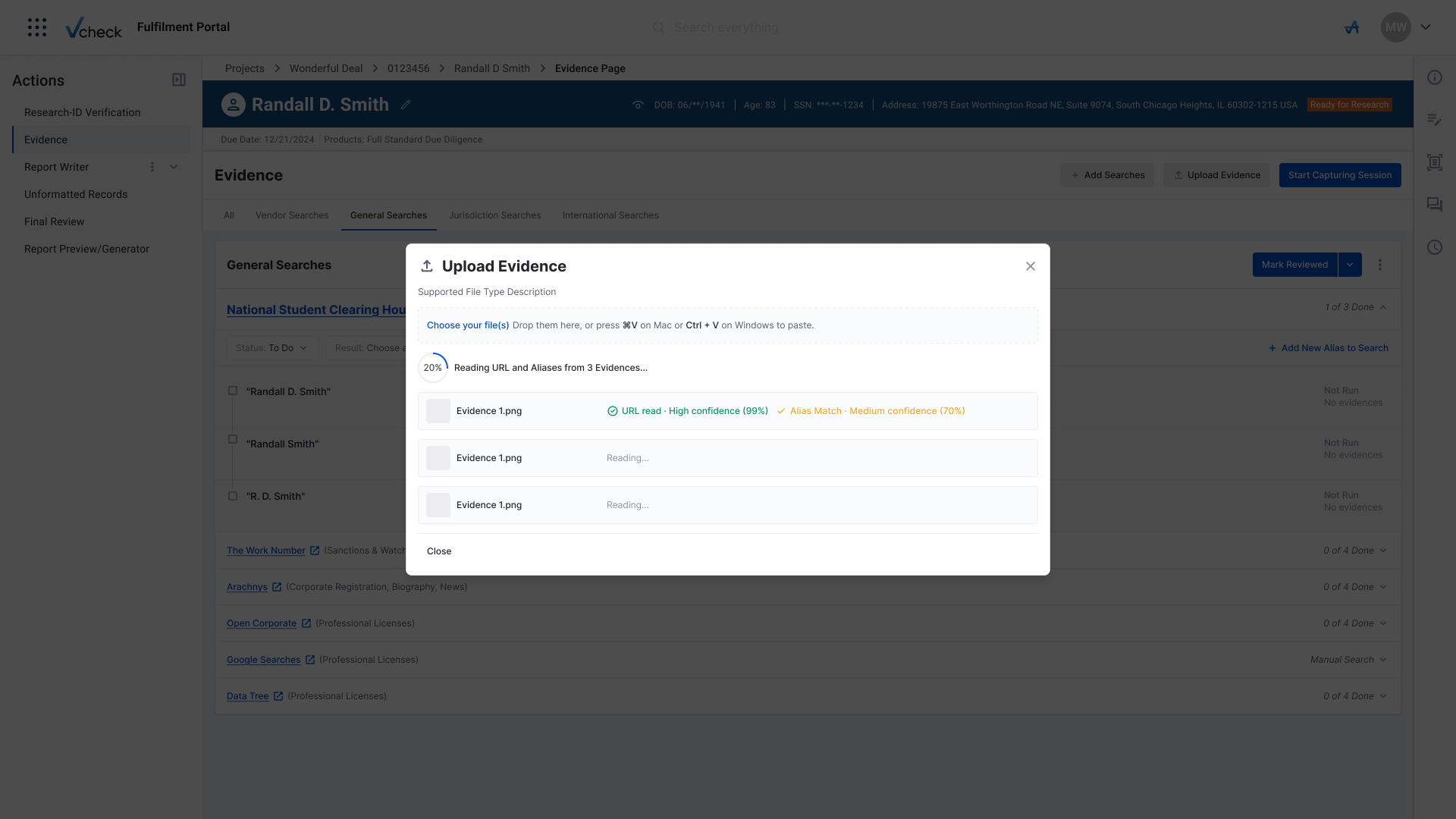Upload Evidence modal, auto-reading URLs and aliases