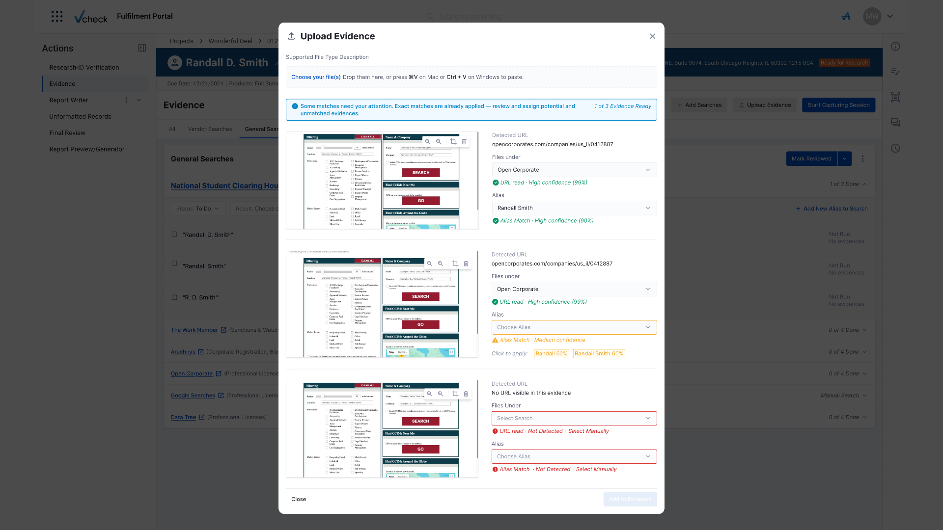 Upload Evidence modal, review and assign matches