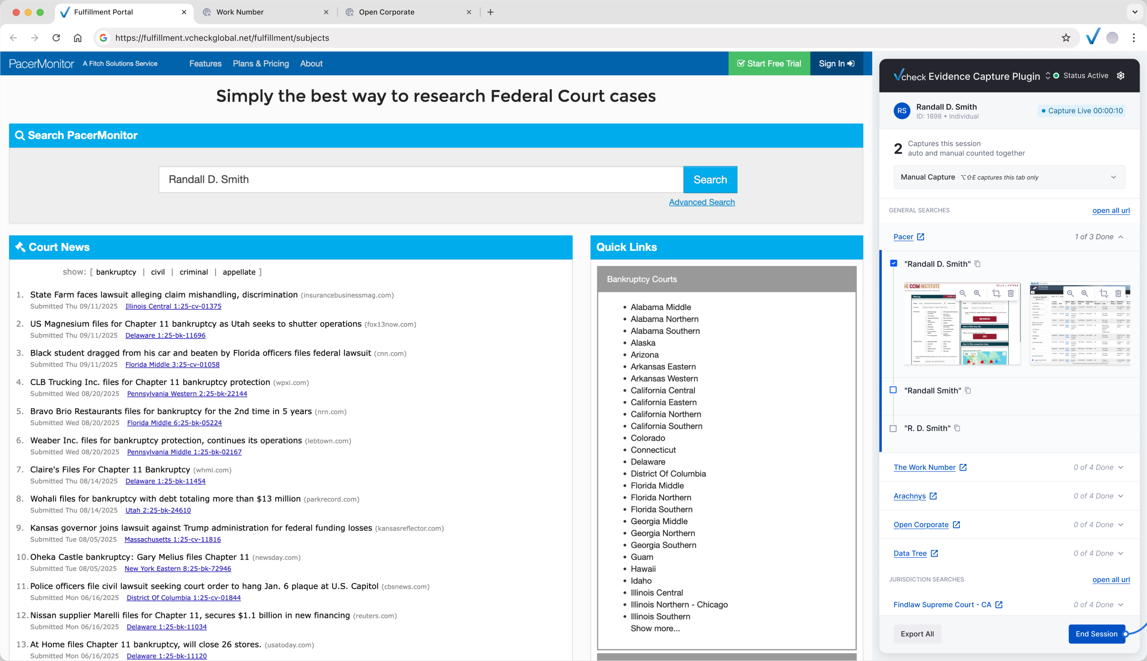 Evidence Capture plugin docked beside PacerMonitor, capturing a search for Randall D. Smith