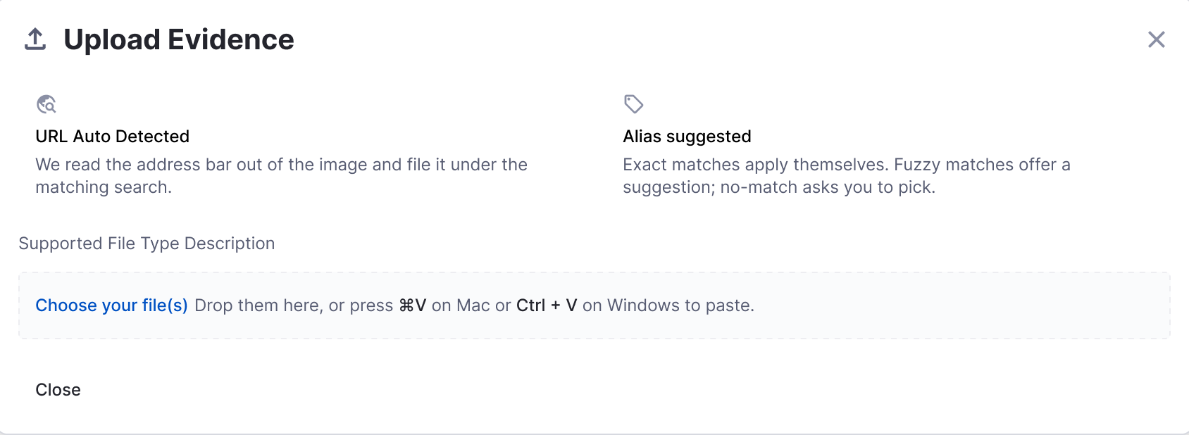 Upload Evidence dialog: URL auto detected, alias suggested