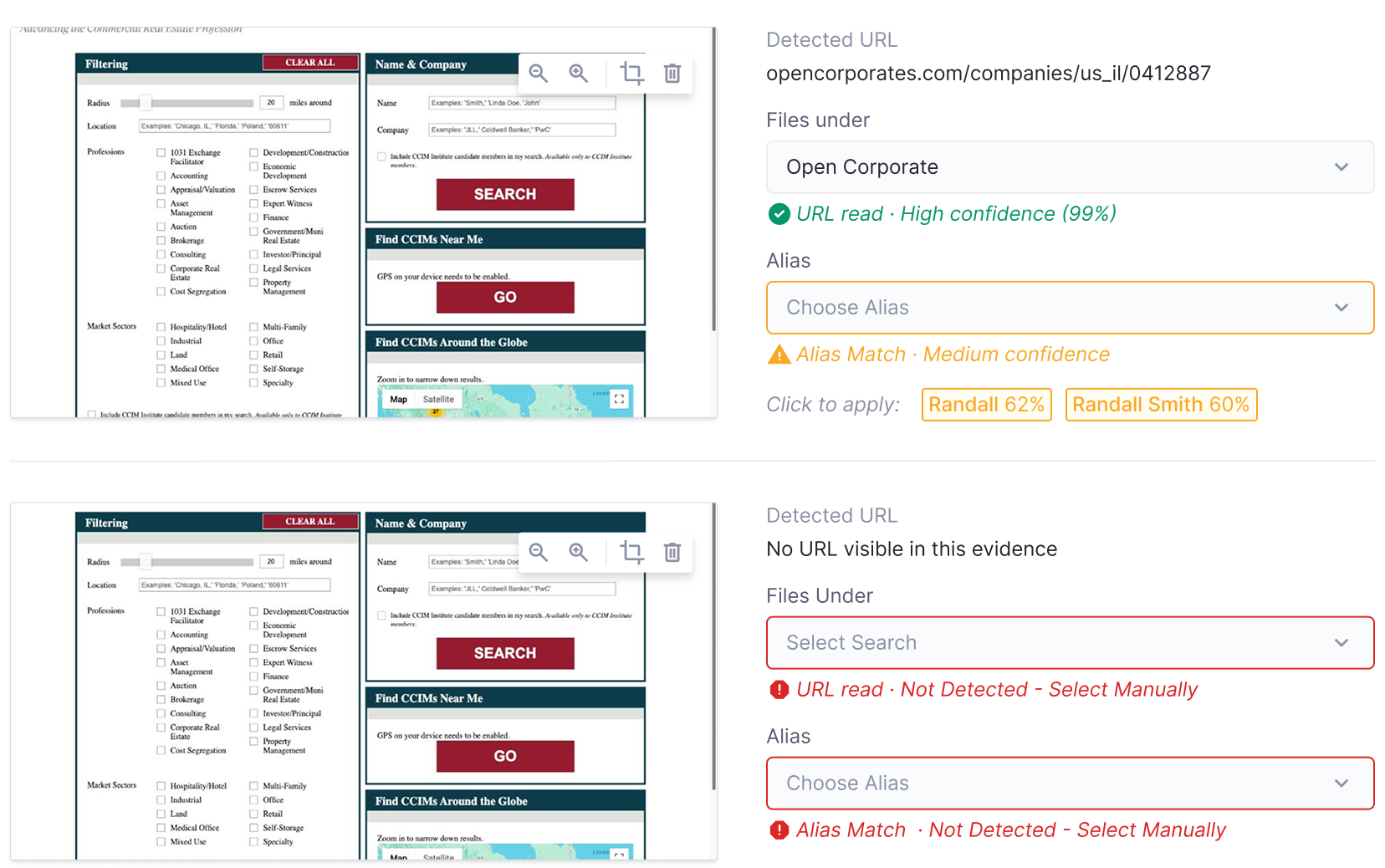 Medium-confidence and not-detected evidence rows