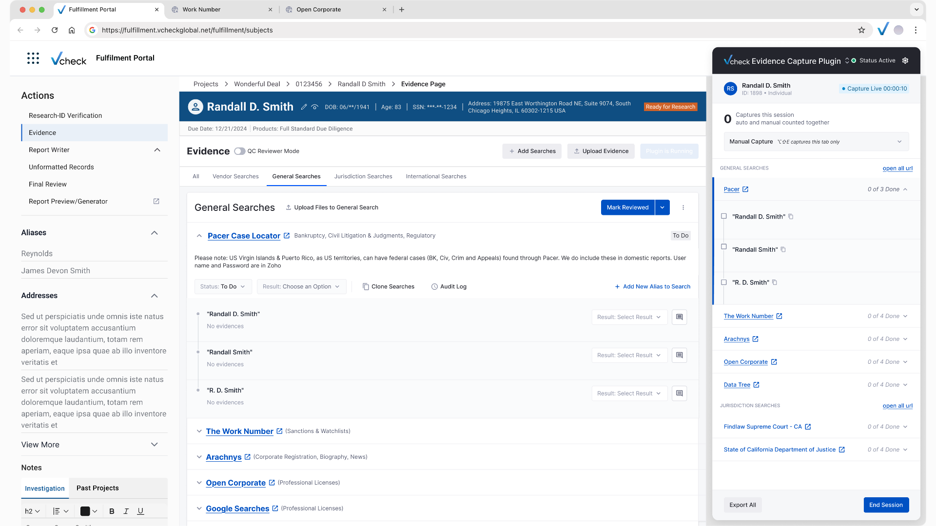 Plugin docked beside the evidence page, session live with the search checklist